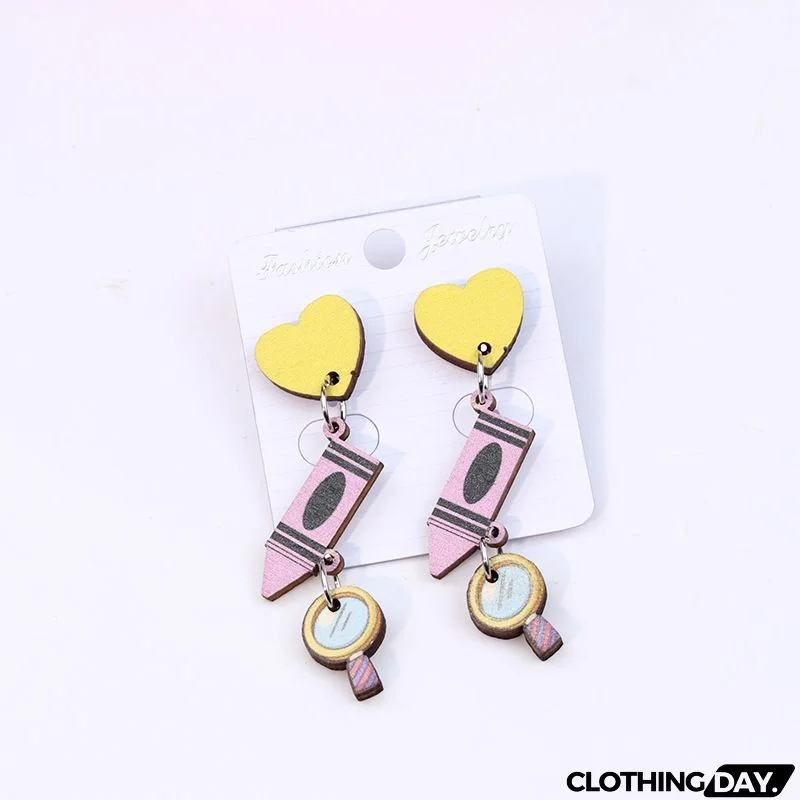 Women's Creative Fashion Wood Printing Pencil Stripe Heart Earrings