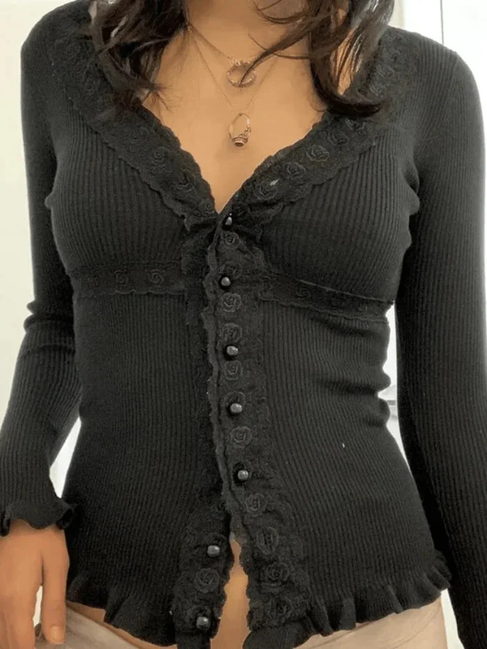 Brownm Black Knit Top with Front Buttons and Lace