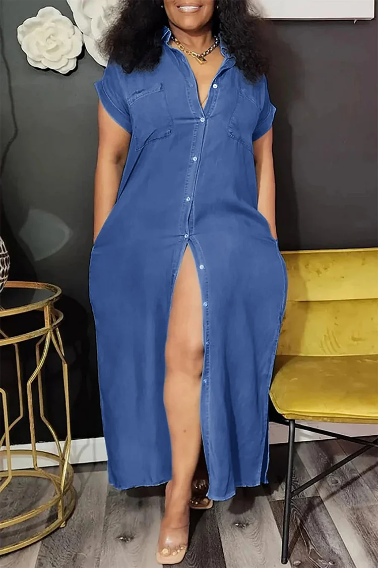 Plus Size Blue Daily Tencel Denim Shirt Dress Pocket Cap Sleeve Button Midi Dresses 
