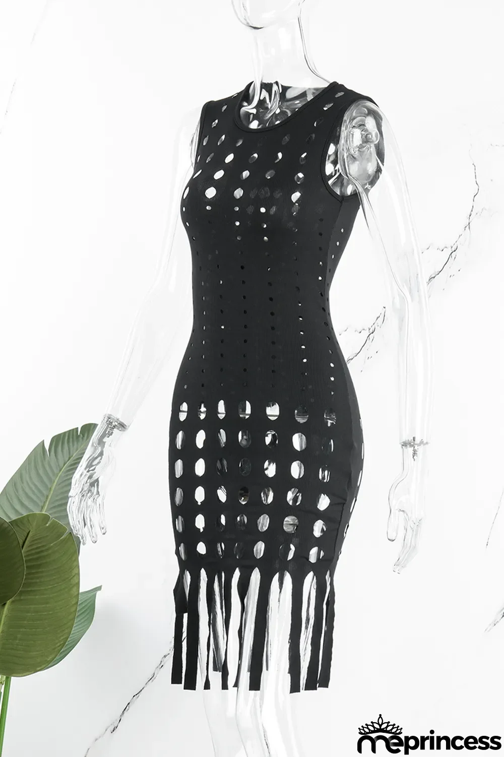 Black Sexy Casual Solid Tassel Hollowed Out O Neck Sleeveless Dress Dresses