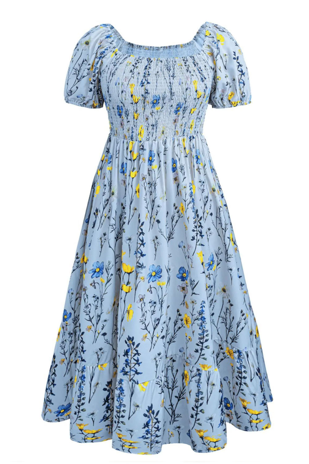 Plus Size Vacation White Floral Print Square Neck Puff Sleeve Smocking Midi Dress 2024 - Flycurvy 