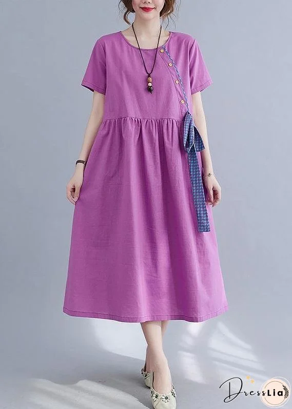 Natural Purple O-Neck Linen Summer Cotton Dress