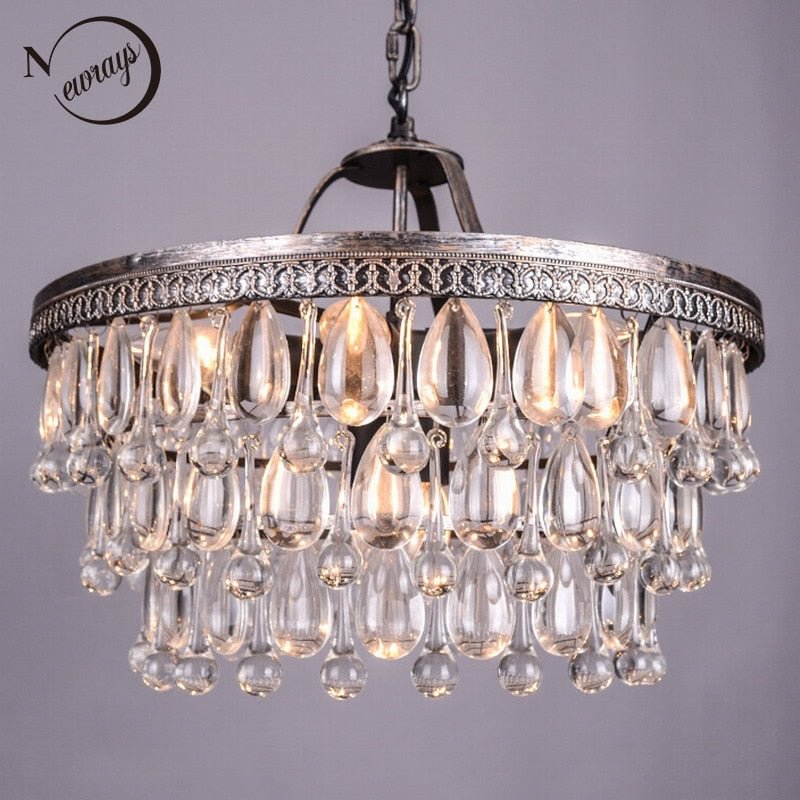 Vintage Big Glass Drops Led Crystal Iron Lustres Chandeliers Pendants Modern E14 Hanging Lamp For Kitchen Living Room Bedroom
