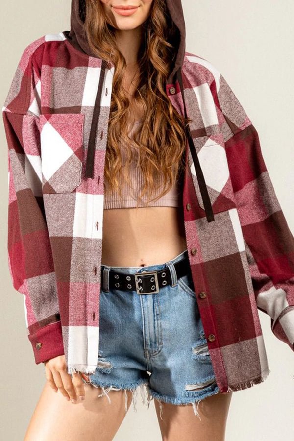 Brushed Long Sleeve Hooded Check Jacket Grid Plaid Jacket