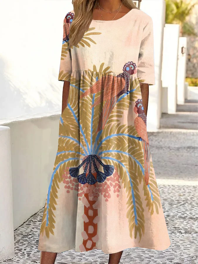 Vintage Resort Print Crew Neck Pocket Midi Dress