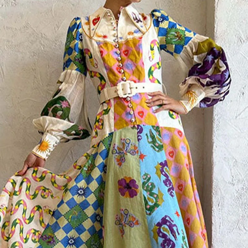 Uveng Uveng New Personality Graffiti Women's Lantern Sleeve Long Sleeve Waist Large Swing Winter Dress