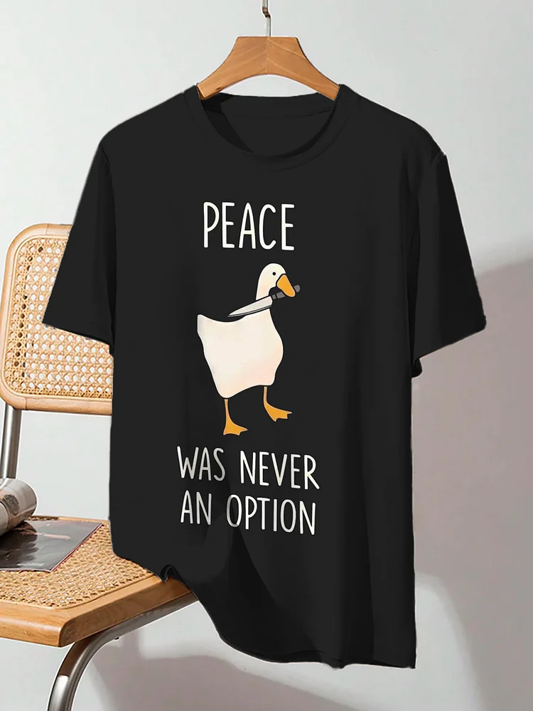 Men's Peace Was Never An Option Duck Holding A Knife Graphic Print Cotton Casual T-Shirt