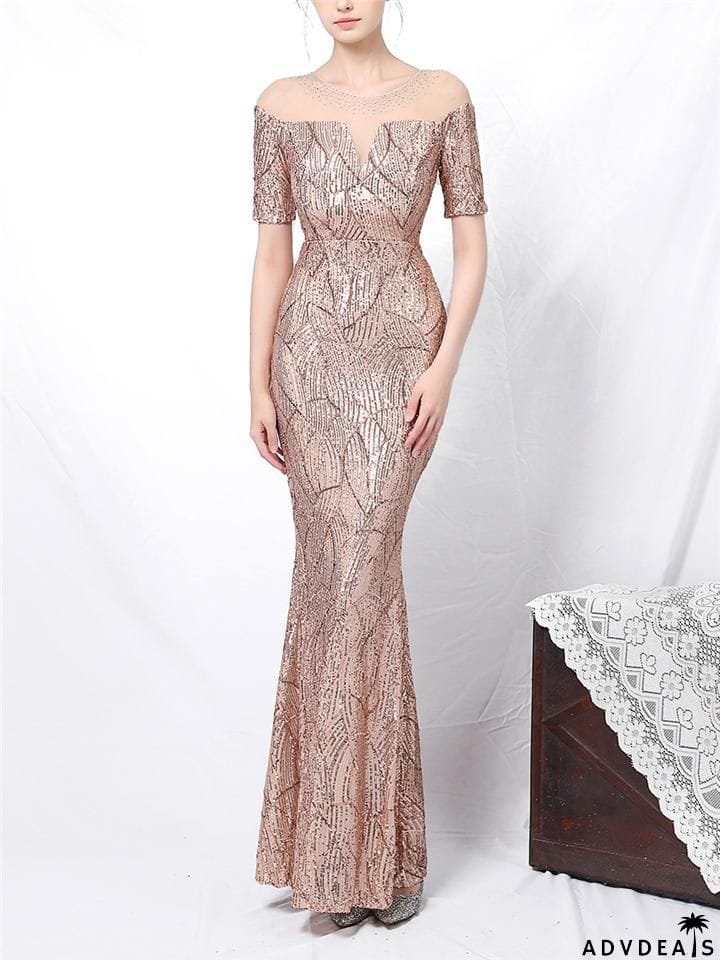 Shimmering Sequined Illusion Neck Mermaid Dress for Evening Party