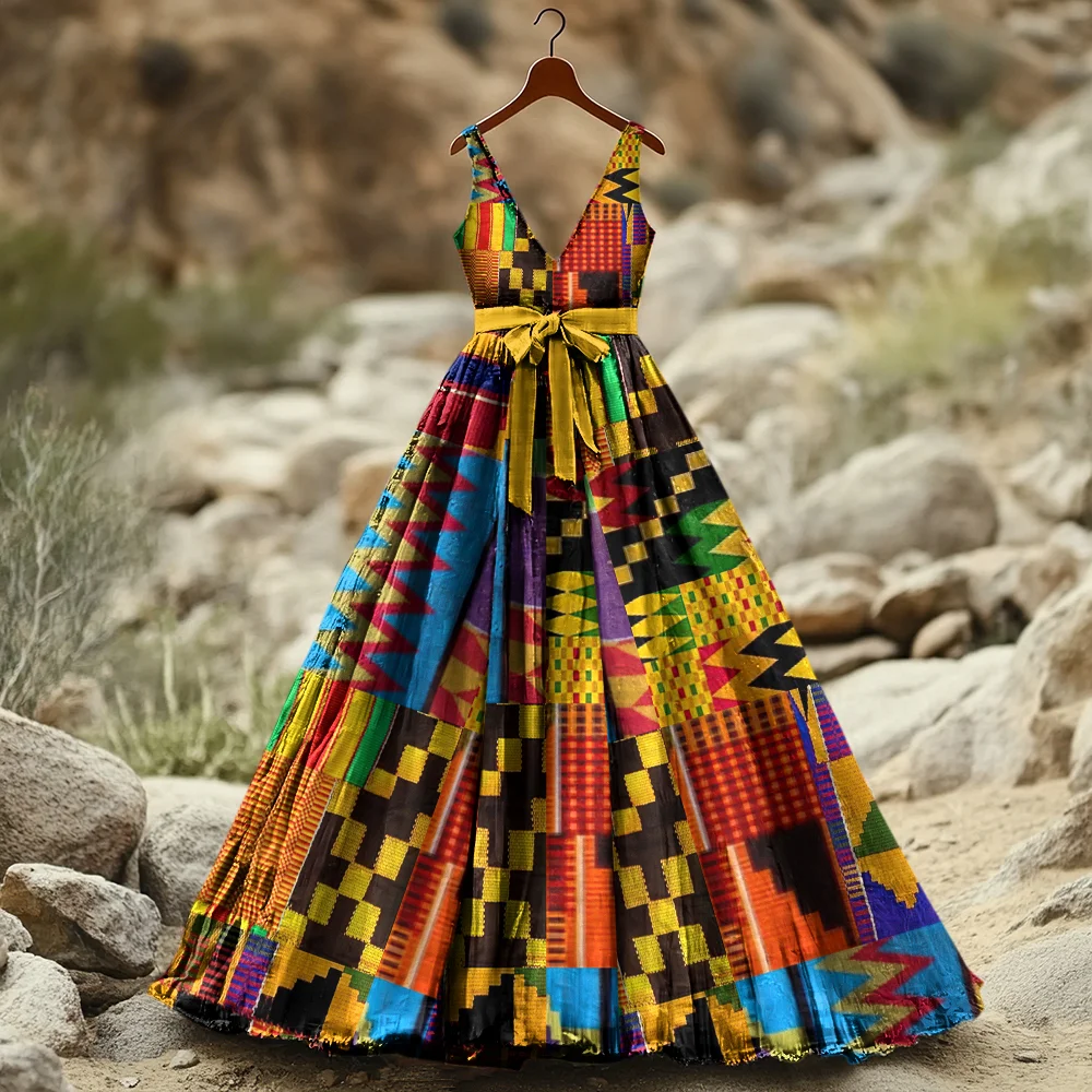 Women's Vintage Juneteenth Applique Art Print Long Dress