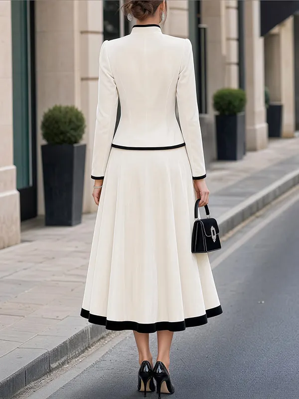 Cream Stand Collar Black Contrast Piping Fitted Jacket & A-Line