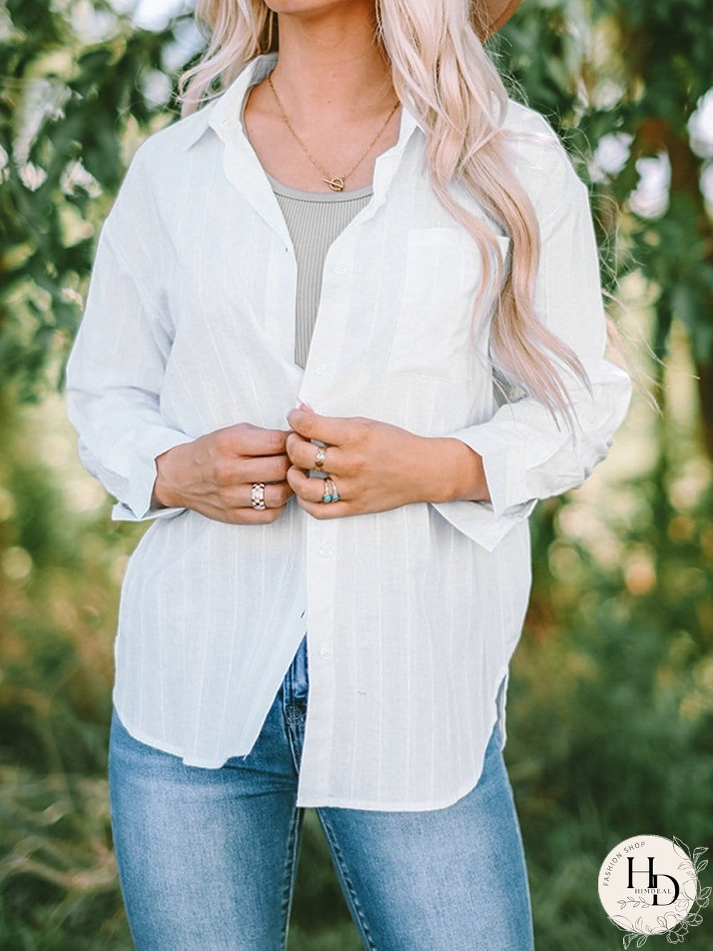 Simple Solid Lapel Button Long Sleeve Blouses