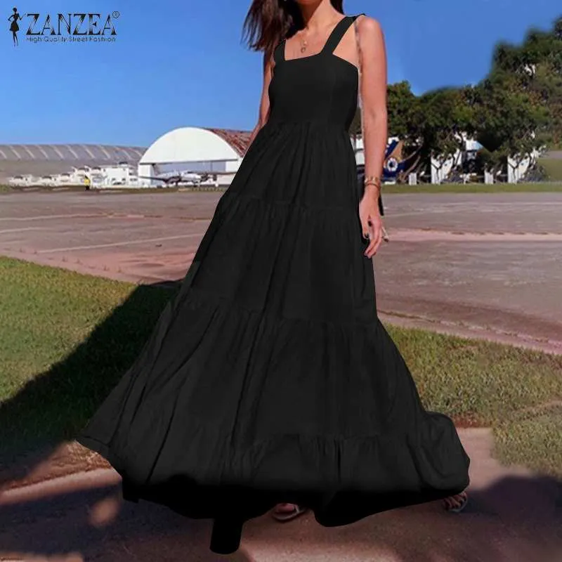 Bohemian Holiday Sundress ZANZEA Women Summer Sleeveless Swing Tiered Dress  Loose Long Tank Dresses Party Sarafans