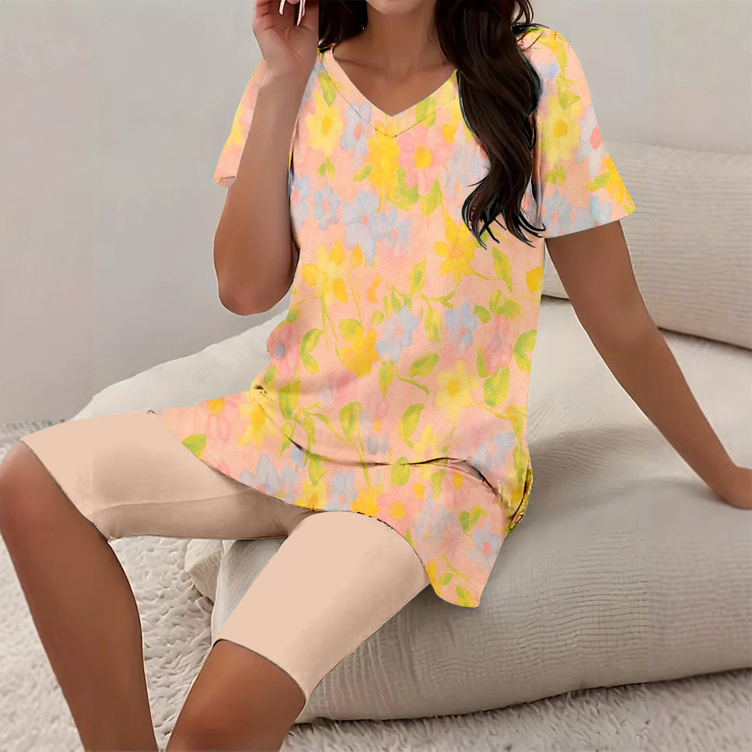 Women Long Sleeve V-neck Graphic Floral Printed Top