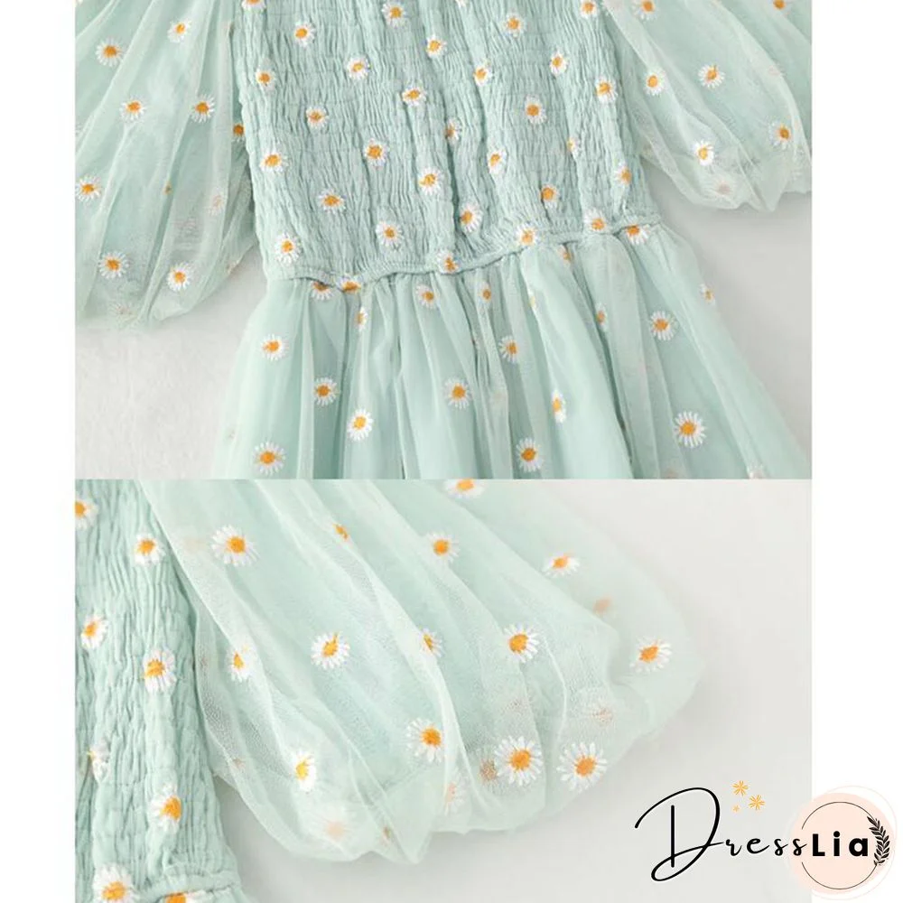 Small Daisies Embroidery Mesh Dresses Women Sexy Off The Shoulder French Vintage Party Ruffle Dresses Elegant Vestidos