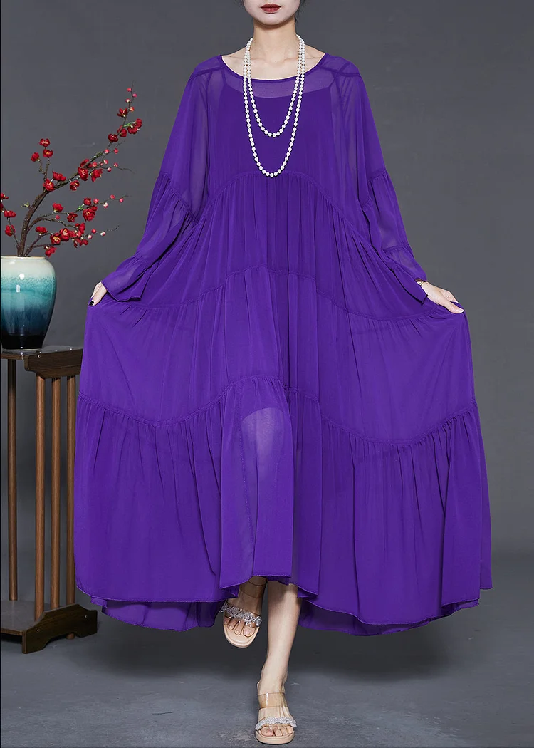 Purple Chiffon Vacation Dresses Oversized Wrinkled Flare Sleeve