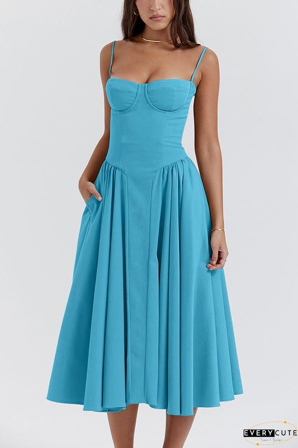 Solid Color Vintage Slim Fit Suspender Pocket Midi Dress