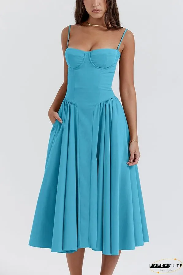Solid Color Vintage Slim Fit Suspender Pocket Midi Dress