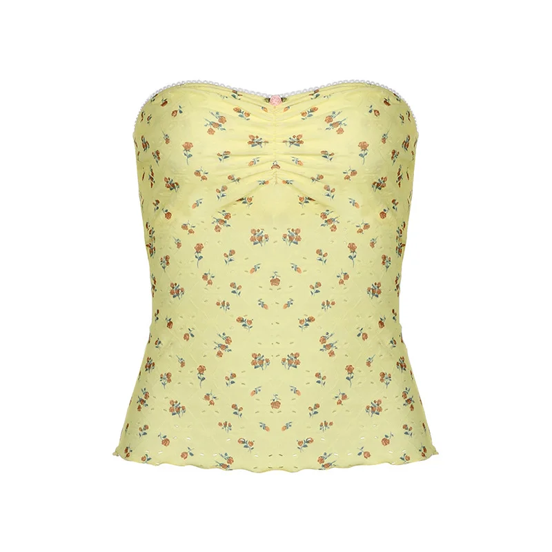 Ueong Small Broken Flowers Hollowed-Out Folds To Wipe Breasts Sweet Fashion Thin Summer Refreshing Vest 2024