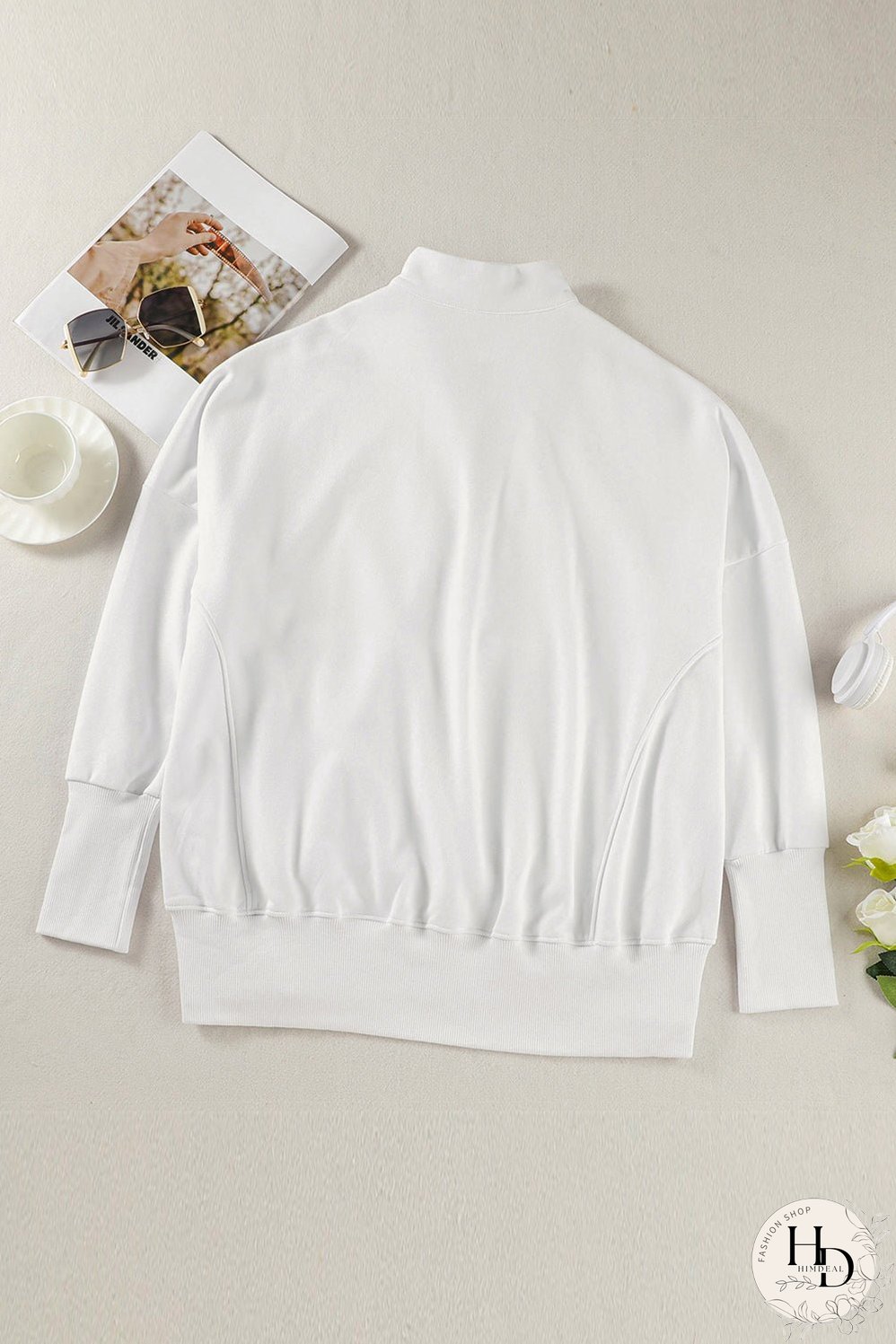 Cozy White Ribbed Pullover with Quarter-Zip Detail