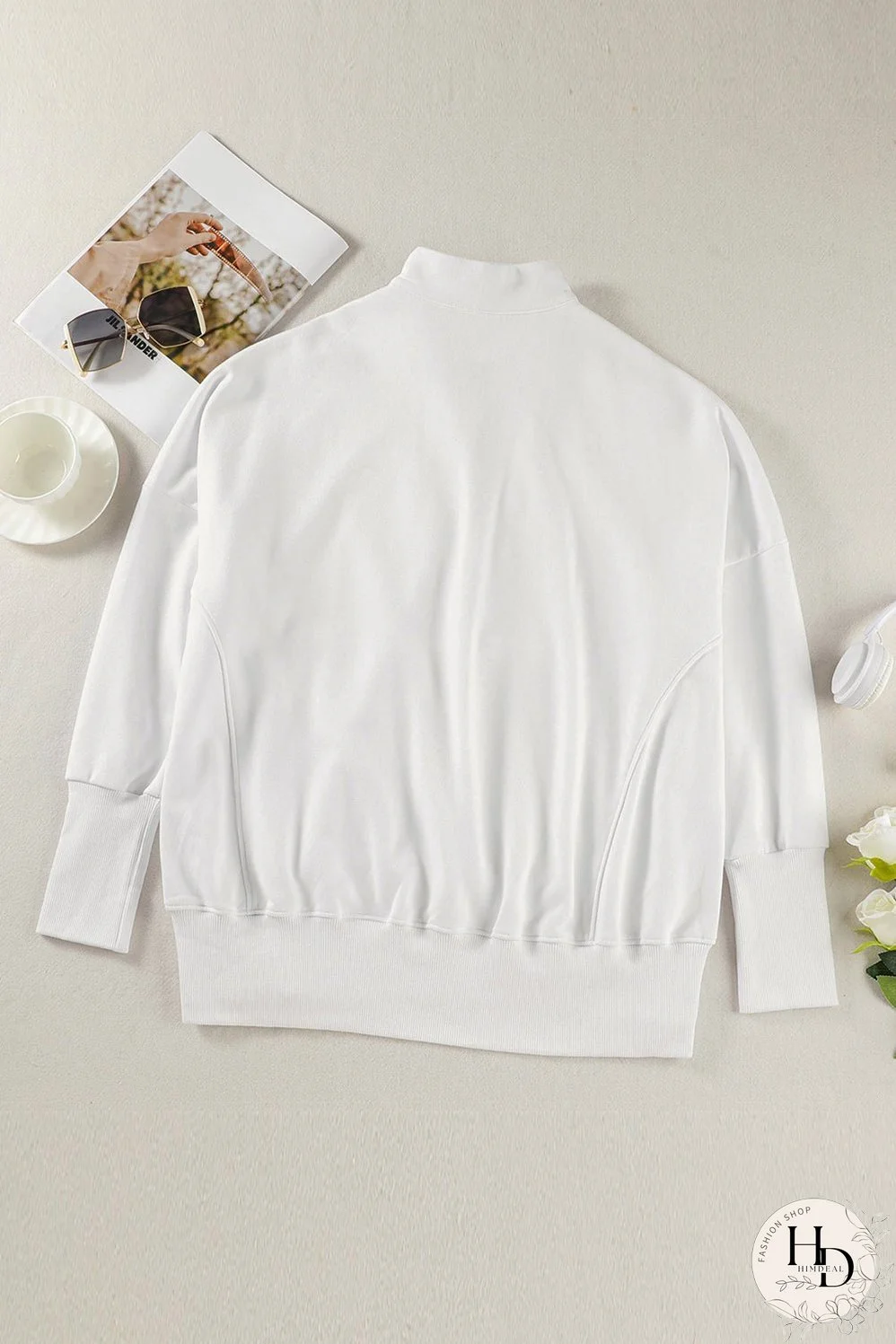 Cozy White Ribbed Pullover with Quarter-Zip Detail