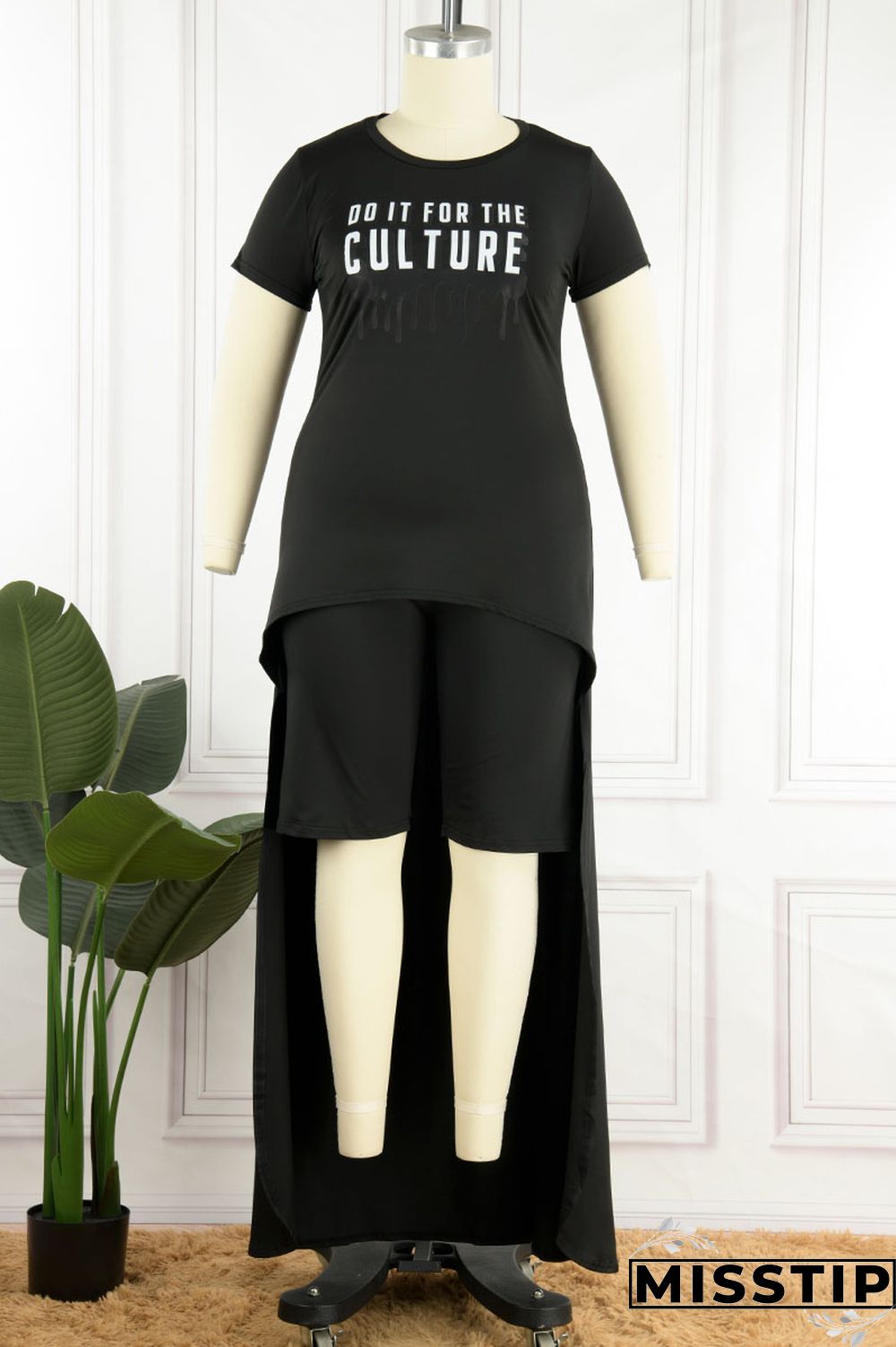 Deep Coffee Casual Print Patchwork Asymmetrical O Neck Plus Size Two Pieces