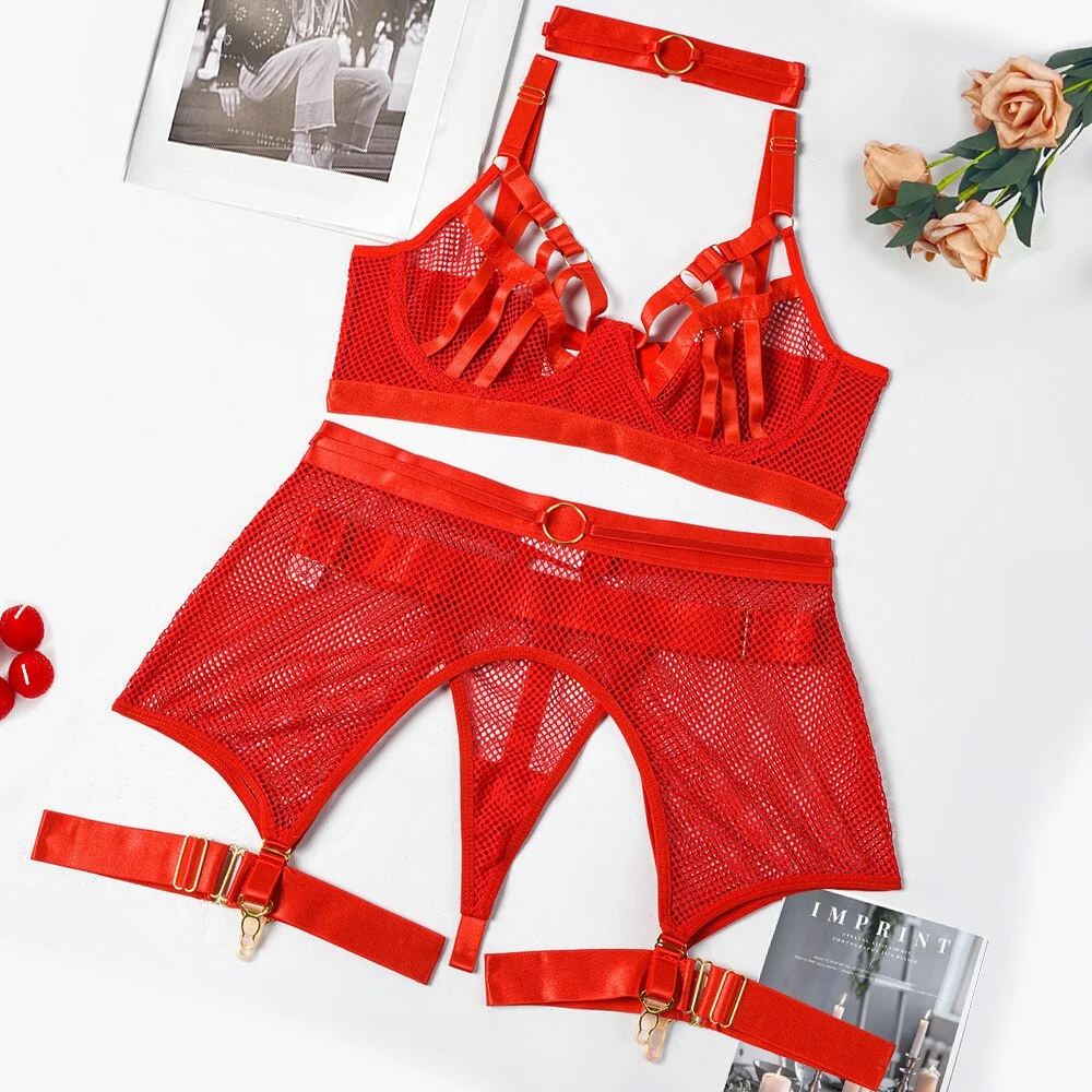 MIRABELLE 3-Piece Mesh Lingerie Set Hollow Out Bra and Panty Sets Sexy Underwear Erotic Costumes Sex Suit Lingerie with Garters