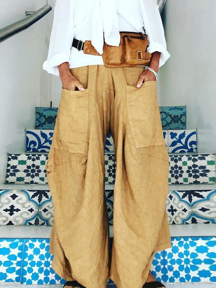 Women Casual Plus Size Cotton Solid Pockets Pants