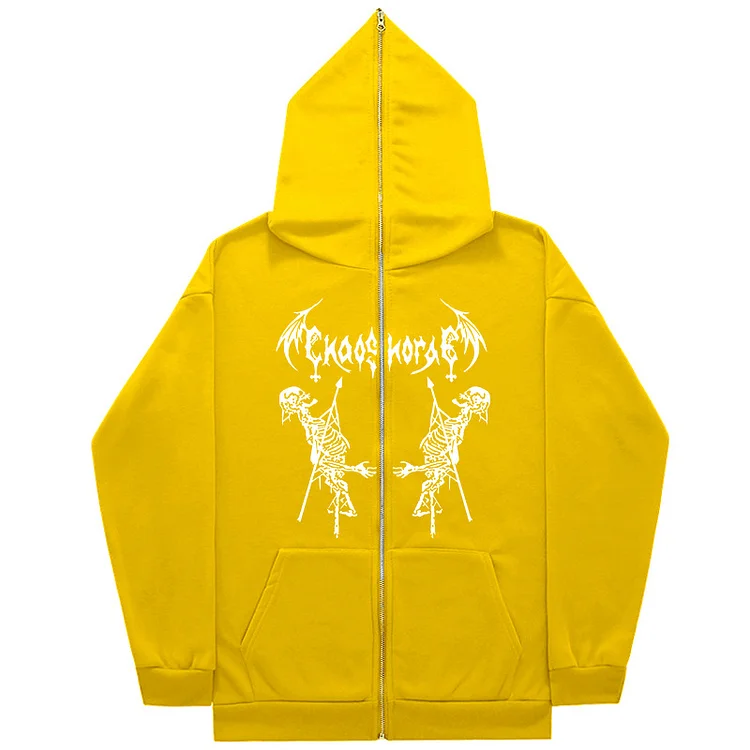 Hip Hop Skull Print Full Zip Up Hoodie Loose Sweatshirt Jacket at Hiphopee