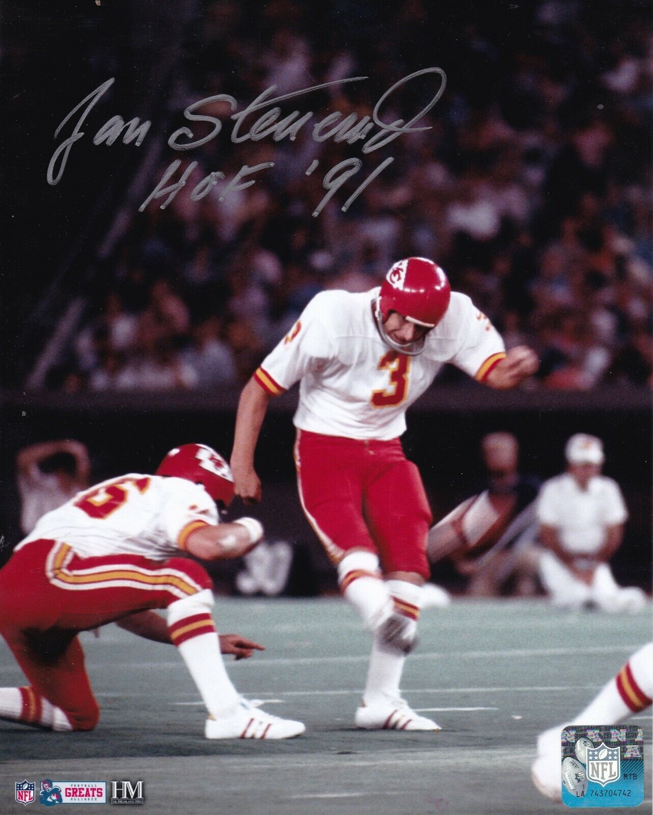 JAN STENERUD KANSAS CITY CHIEFS HOF 91 ACTION SIGNED 8x10 Photo Poster painting