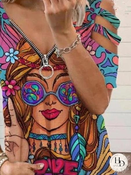 Beauty Image V-Neck Zipper Cutout Short Sleeve T-Shirt