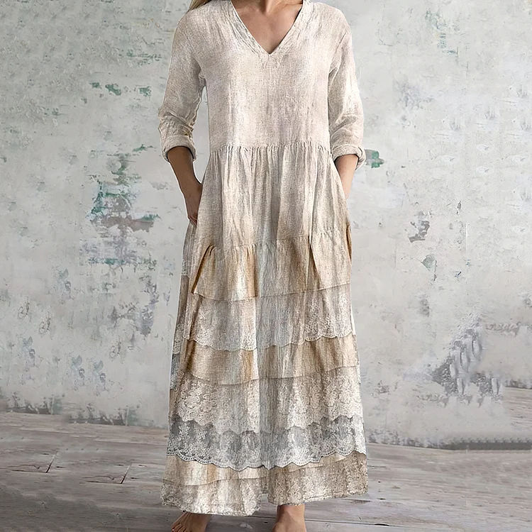 Vintage Embroidered Lace Art Women's Linen Dress