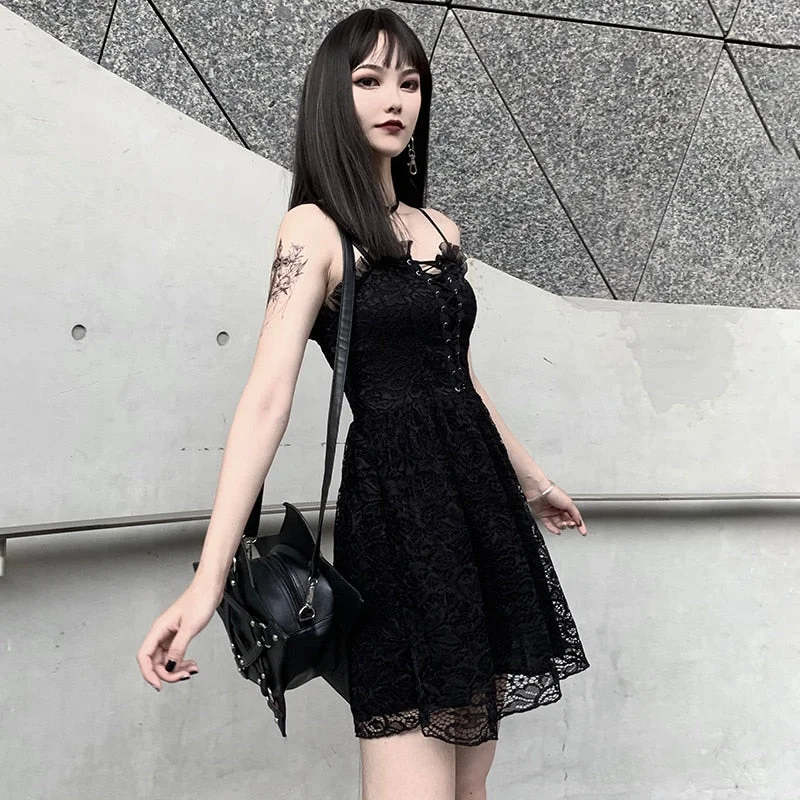 InsGoth Lace Vintage Dress Spaghetti straps Sexy Black Mini Dress Women Gothic Streetwear Pleated Hollow Out Summer Dress