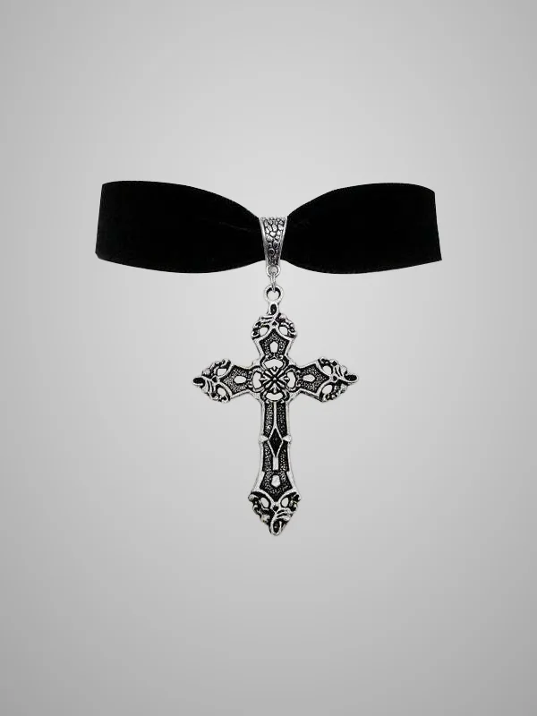Dark Hallow-out Velvet Necklace with Cross Pendant-mysite