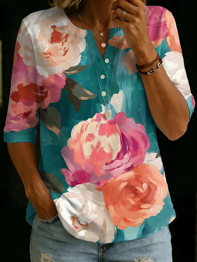 Elegant Oil Painting-style Floral Decorative Pattern Polo Collar Shirt