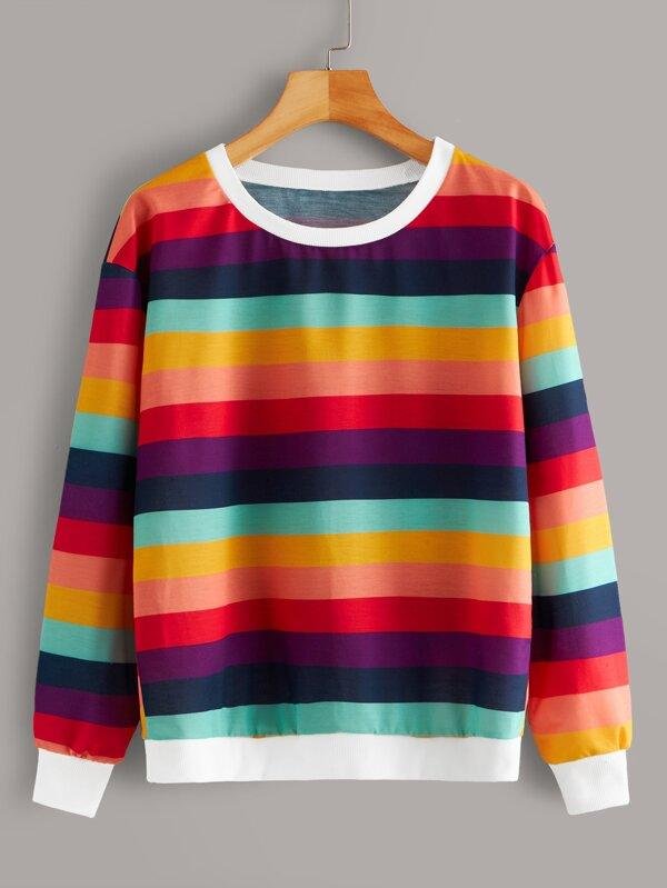 Contrast Binding Rainbow Striped Sweatshirt