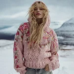 Women's Vintage Pink Rose Birds And Embroidered Knit Hooded Sweater - Image 2