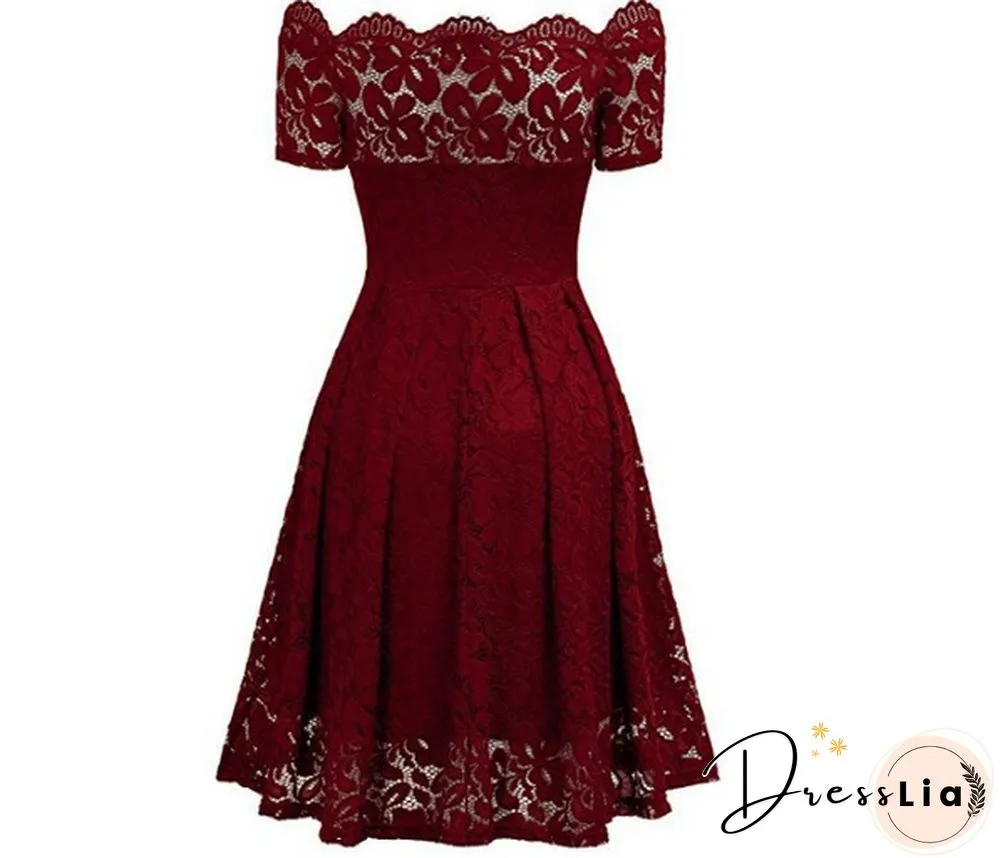 New Fashion Women Off Shoulder Slim Fit Lace Dress Elegant Strapless Short Sleeve Cutout