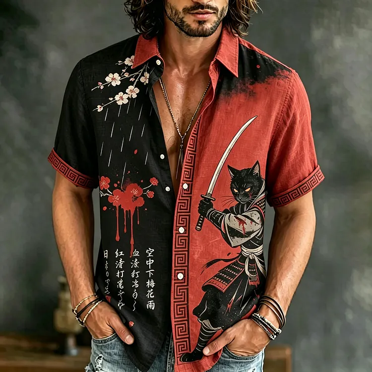 Men's Vintage Japanese Cat Art Embroidered Linen Blend Short Sleeve Shirts