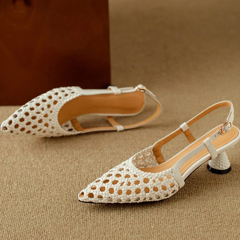 Women's Kitty Heel Woven Leather Point Toe Slingback Pumps Sandals