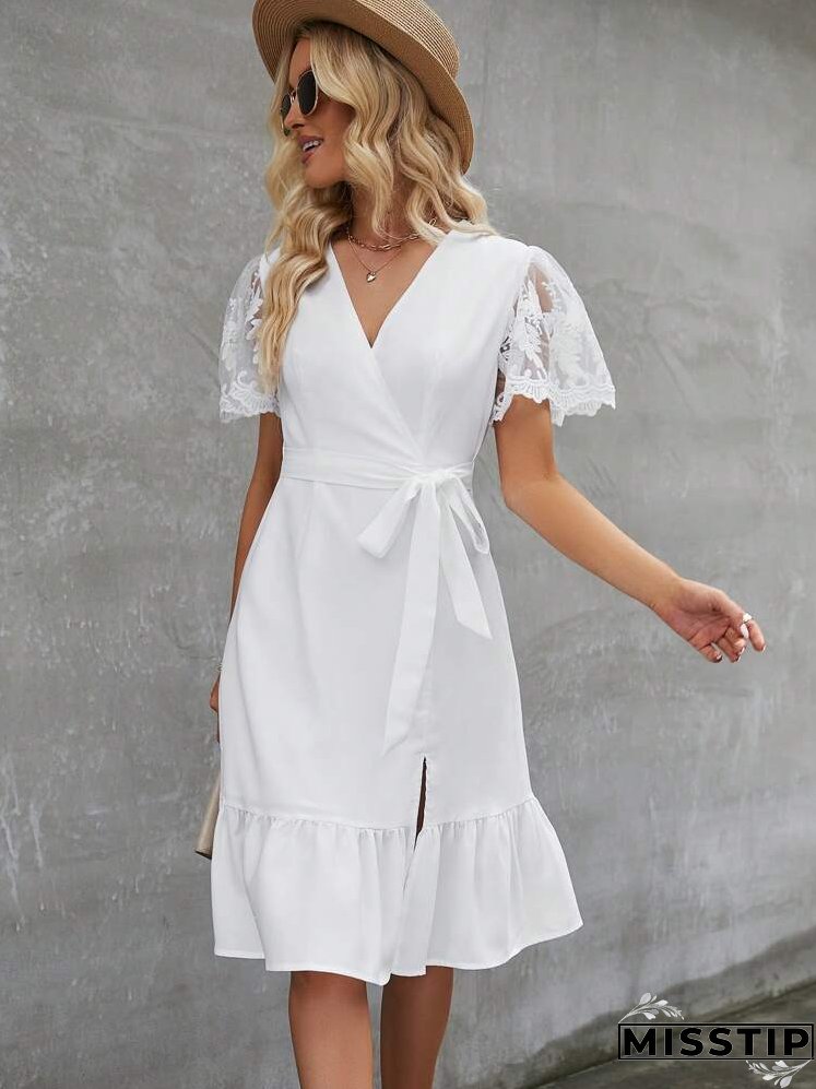 Contrast Lace Ruffle Hem Belted Dress