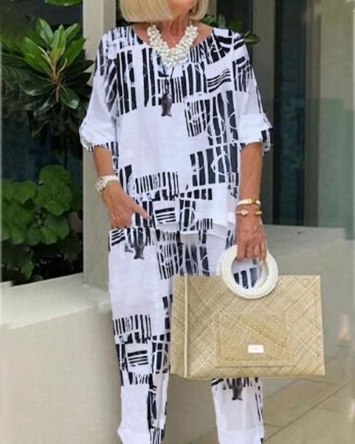 Loose Casual V-Neck Geometric Print Suit