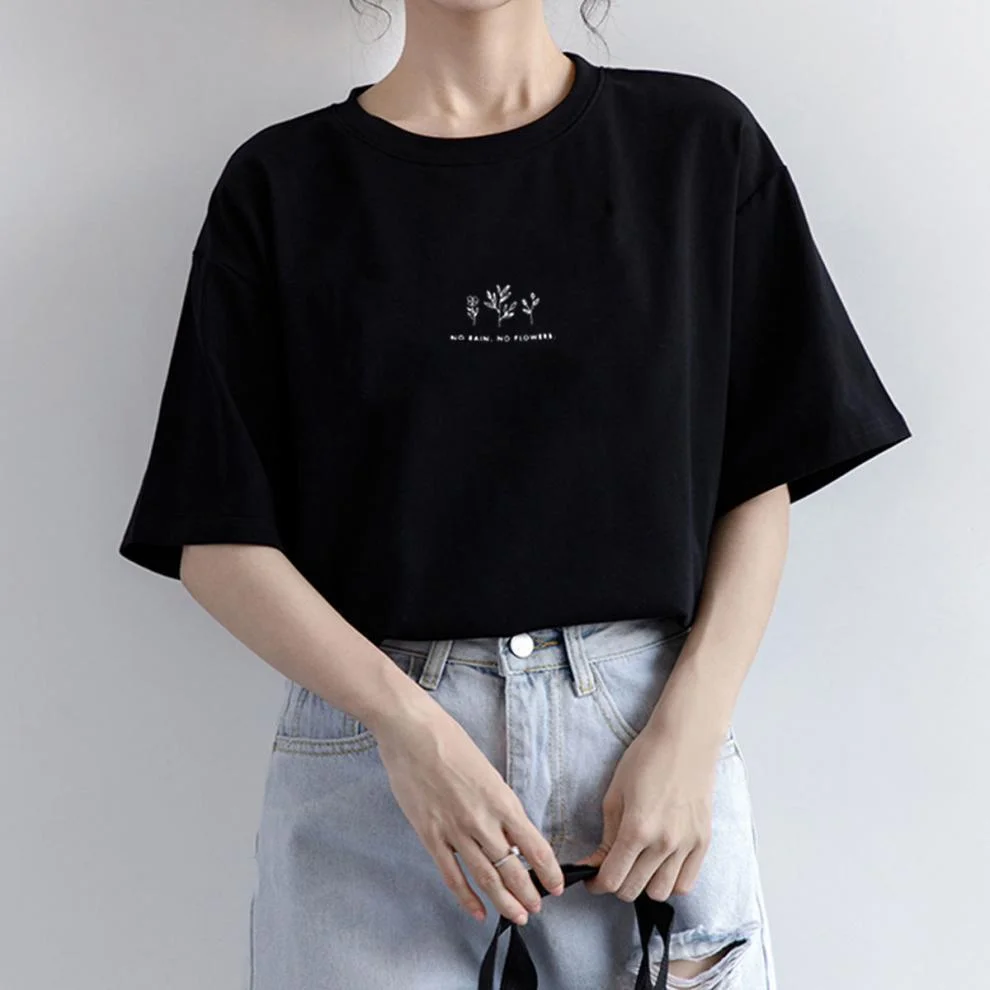 Pongl Pongl Sleeve Korean Round Collar T-Shirt Female 2024 Summer Loose Plant Print Casual Solid Color Student Half Sleeve Top Tide