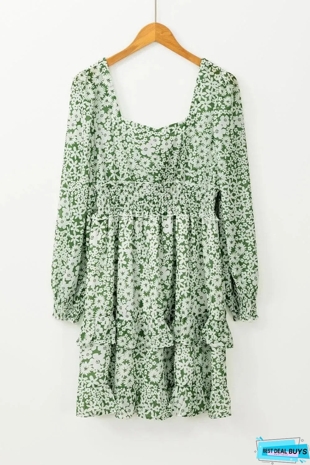 Green Floral Print Square Neck Shirred Waist Tiered Ruffled Mini Dress