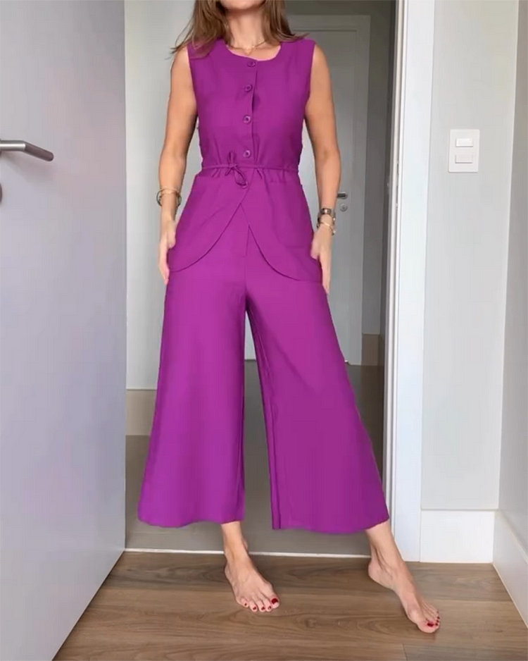 Button Tie Top and Pants Two-piece Set