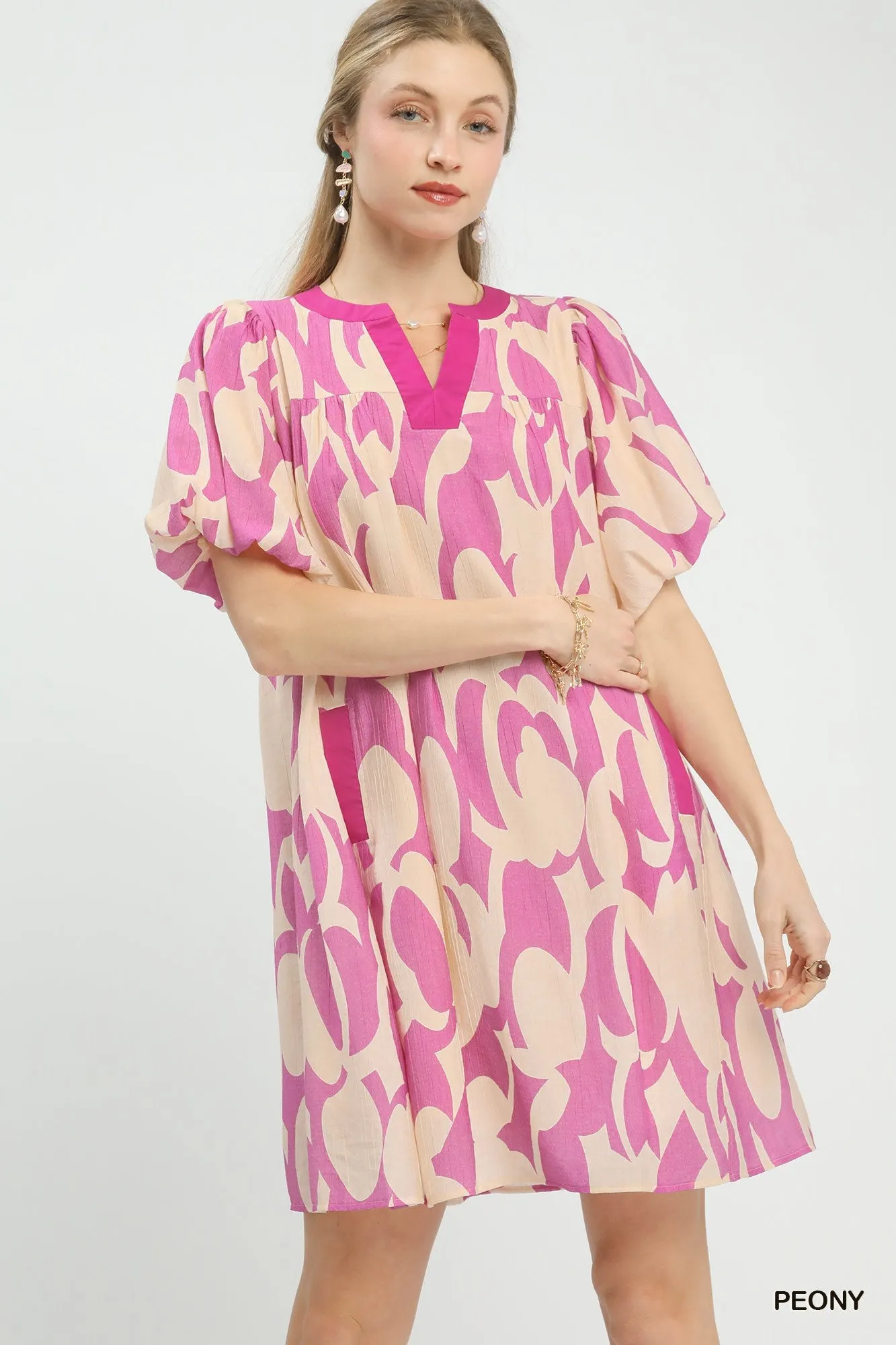 Umgee Abstract Print Puff Sleeve Shift Dress mysite idetrend