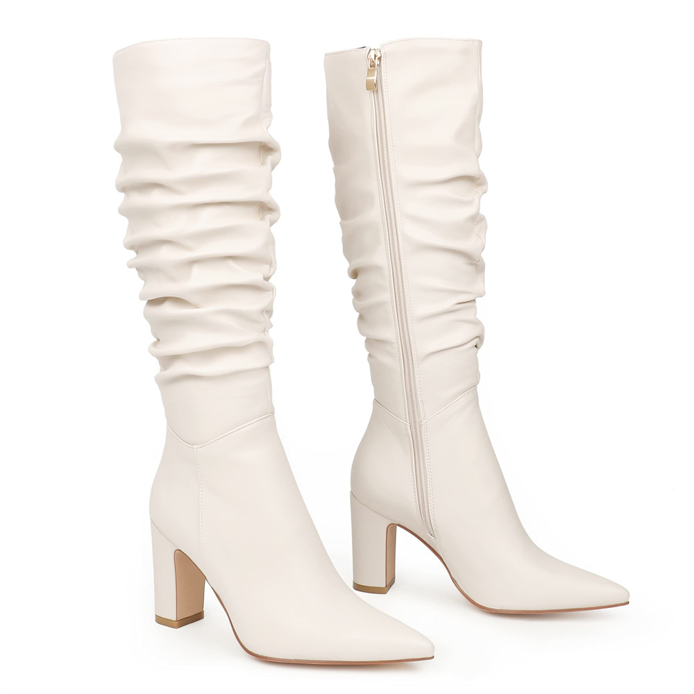 3.35"/8.5cm Women's Knee Boots Chunky Heels Zipper Fashion Sexy Matte Slouchy Boot-MERUMOTE
