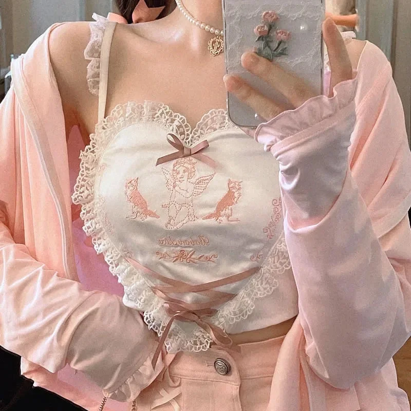 Back to School Y2k Summer Sling Tops Heart-Shaped Sweet Cute Girl Kawaii Lace Trim Bow Inside A Sling Vest Lolita 90S Aesthetic Crop Top Women