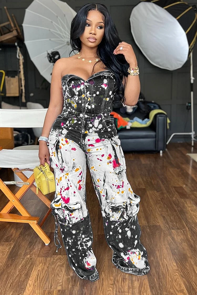 Denim Strapless Splash Ink Print Straight Leg Cargo Jumpsuit-Black