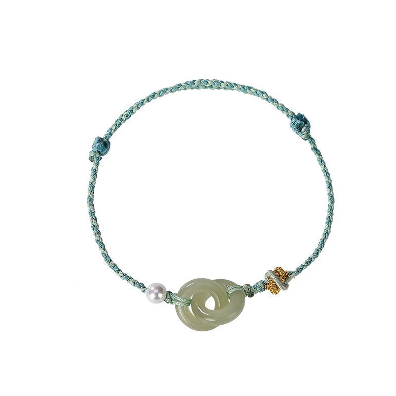 Natural Hetian Jade Double Peace Buckle Luck Braided Bracelet