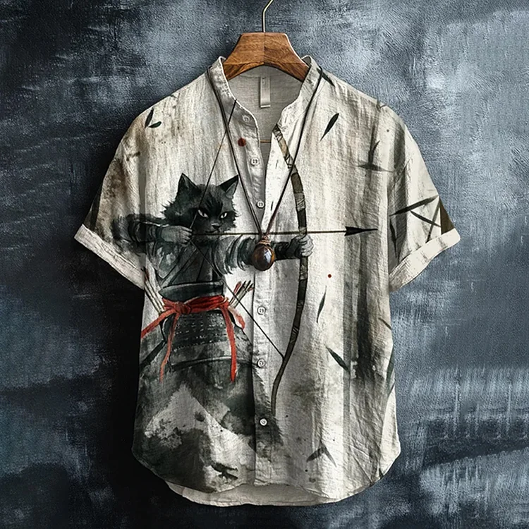 Men's Bamboo Forest Black Cat Archer Art Print Casual Shirt
